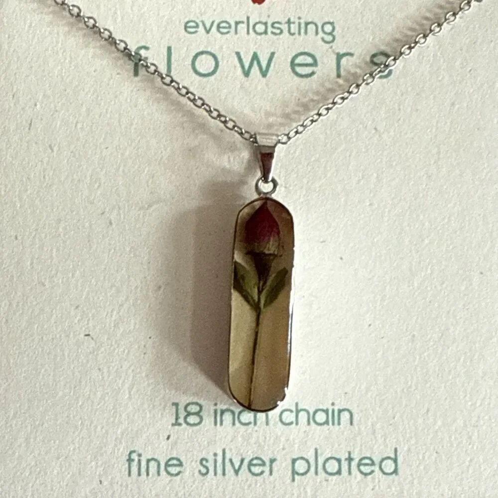Seed & Sage Dried Flower Rose Necklace Fine Silver Plated NEW